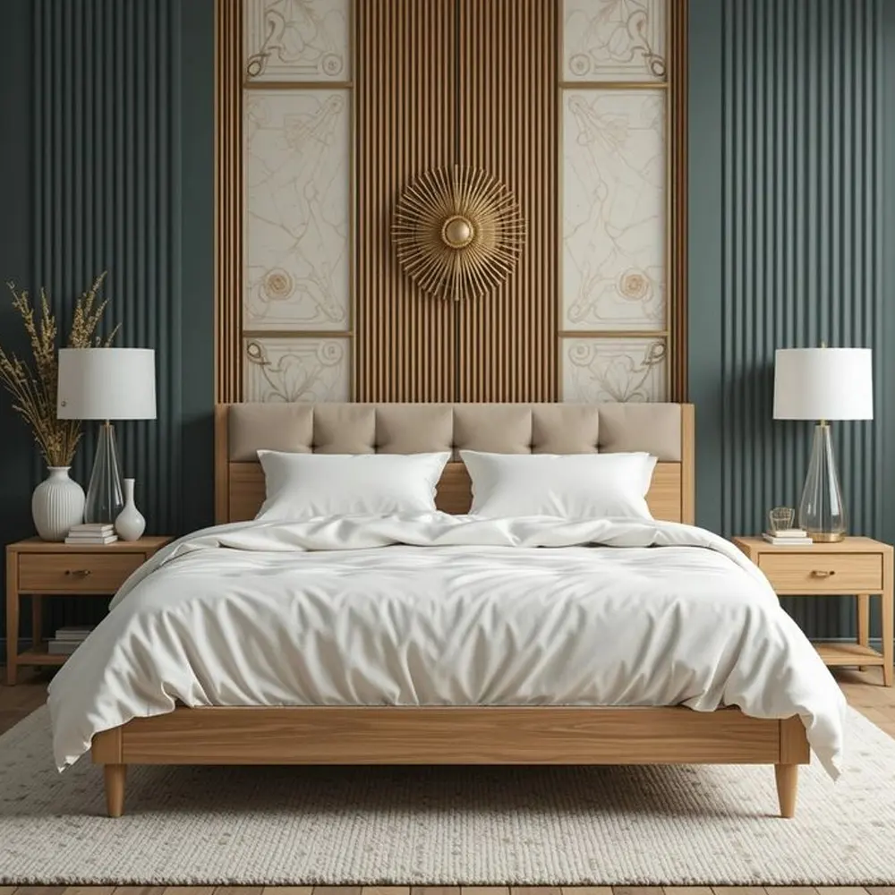 Habillage mural en bois et tissu d'un tête de lit chambre