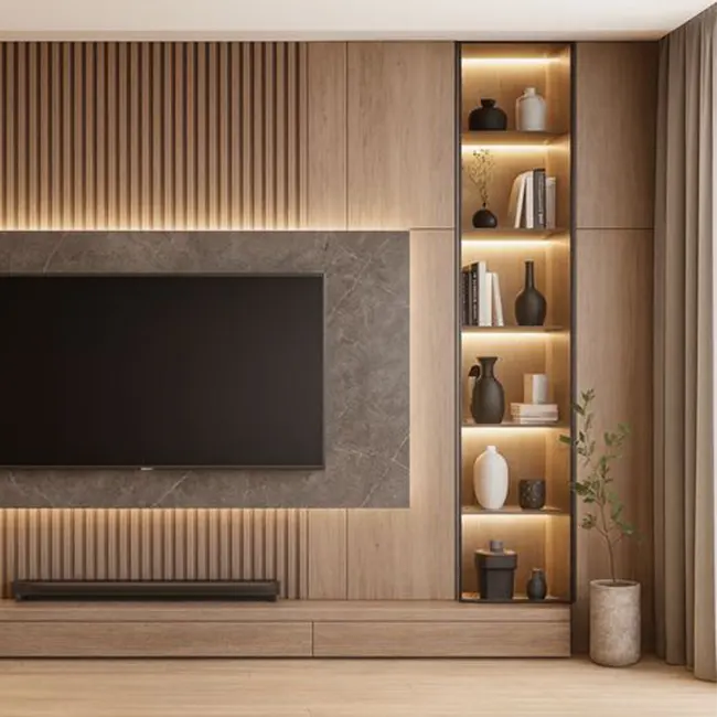 habillage mur tv en bois avec meuble suspendu à tiroirs à freins