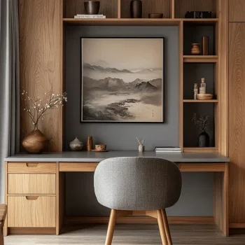 meuble bureau en panneaux de bois noyer et gris clair fabriqué pour un client à Rabat