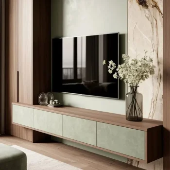 meuble tv design en vert olive et panneaux de bois noyer