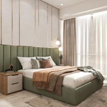 tête de lit en tapisserie marocaine contemporaine avec éléments textiles sur mesure intégrés dans une chambre moderne élégante